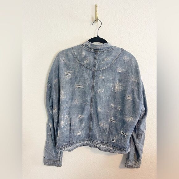 Free people bomber jacket Tattered Tennis Distressed jean jacket size Medium - Picture 5 of 7